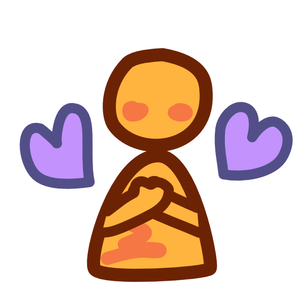 a yellow figure with its hands over its chest where its heart would be has purple hearts on either side of it. The image has dark line art